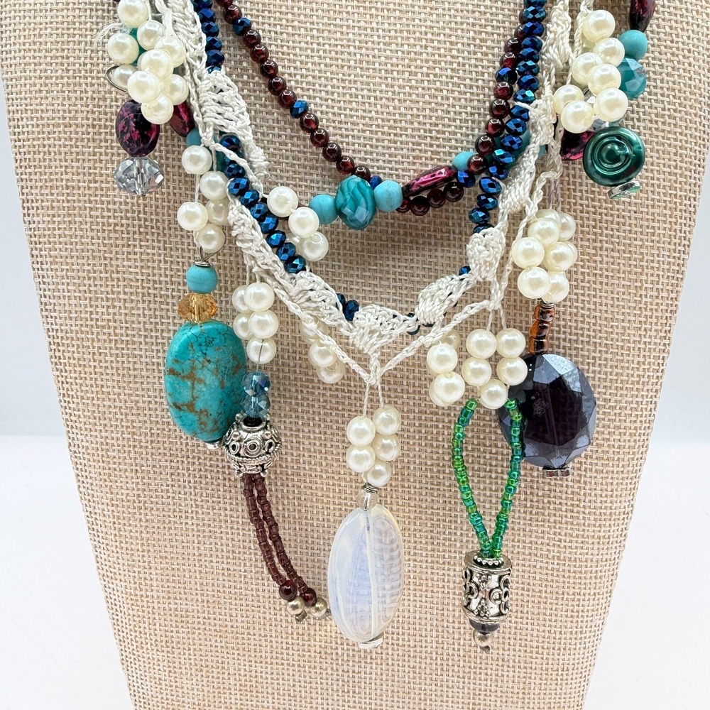 Vintage Y2K Multi Strand Beaded Turquoise Pearl Necklace Boho Statement Jewelry - Picture 3 of 14